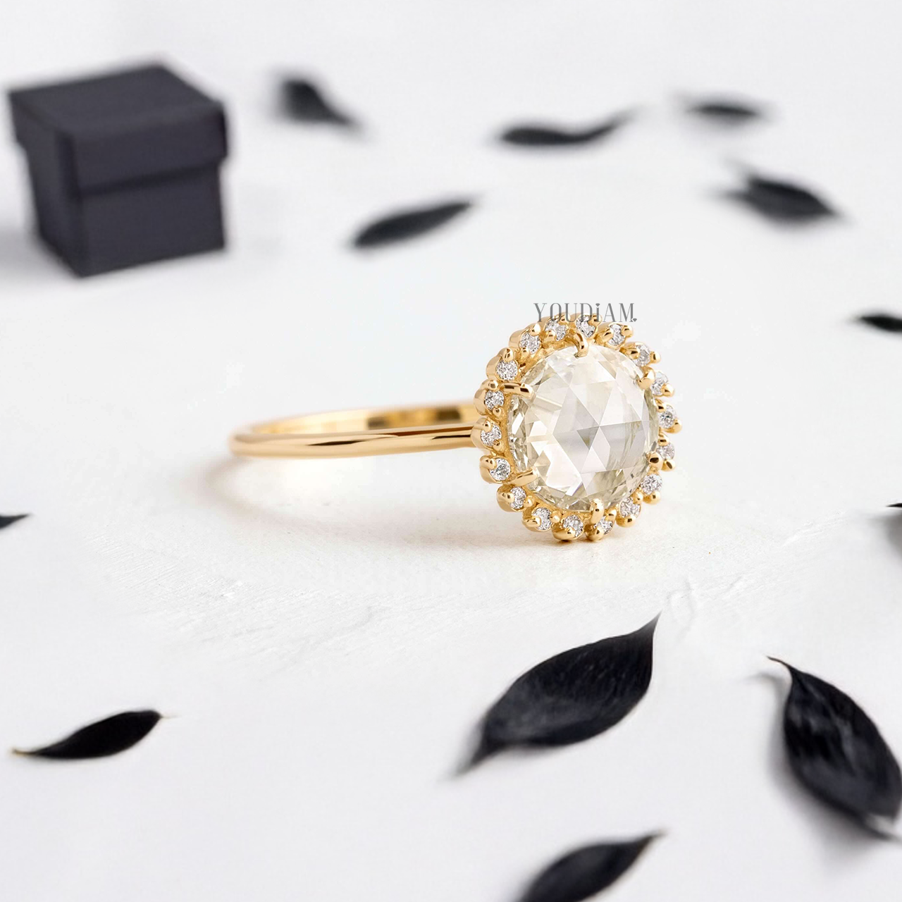 Rose Cut Round Lab Diamond in Six Prongs with Accented Halo Diamonds Ring - YDJLR132