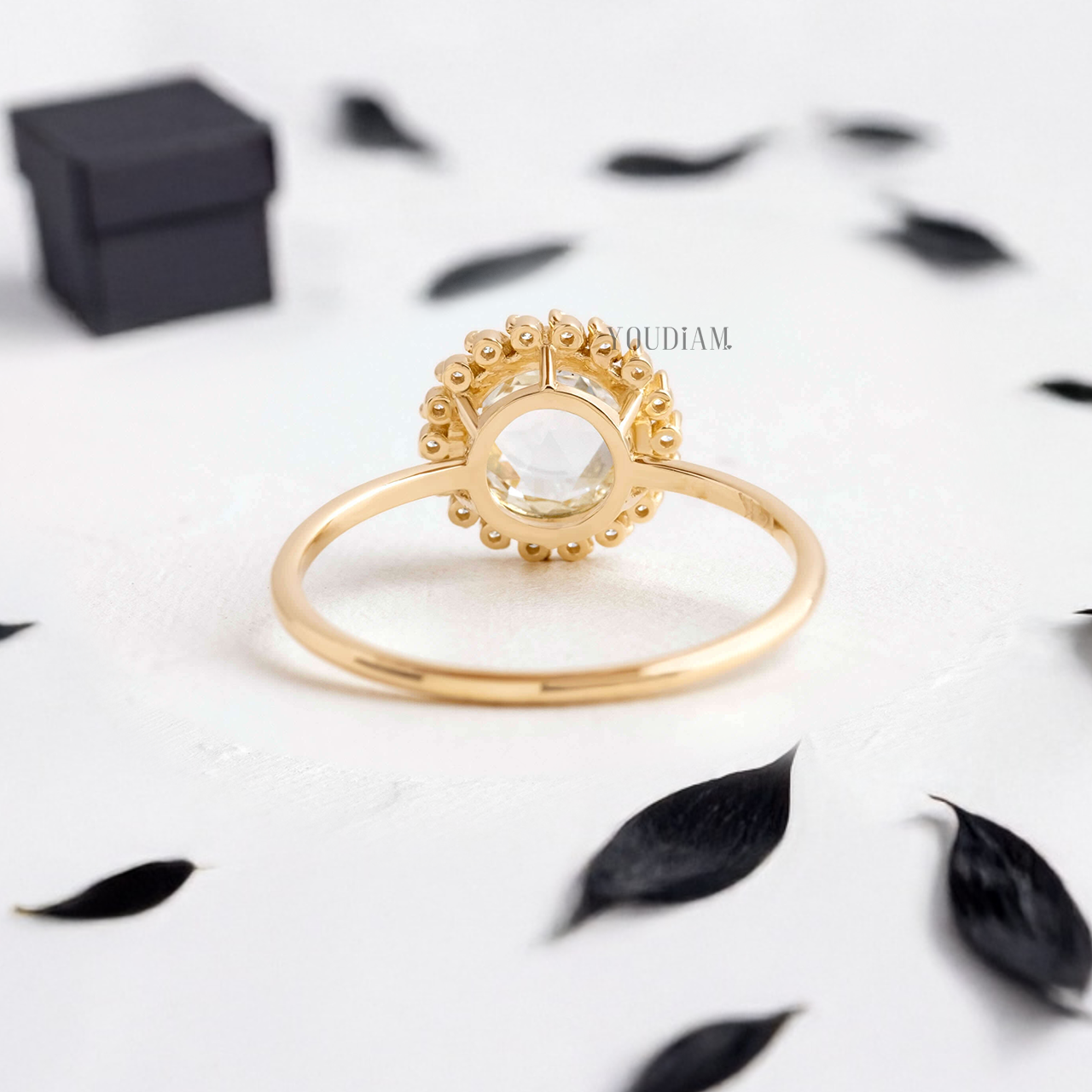 Rose Cut Round Lab Diamond in Six Prongs with Accented Halo Diamonds Ring - YDJLR132