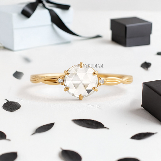 Rose Cut Round Lab Diamond on Twist Style Band Ring - YDJLR136