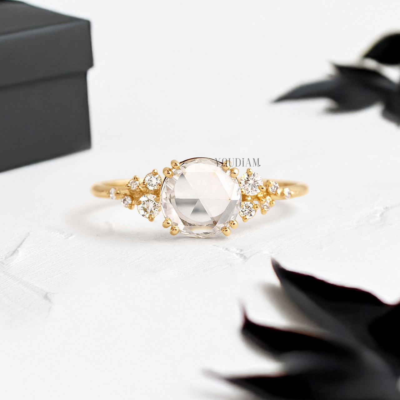 Rose Cut Round Lab Diamond with Accent Diamonds Ring - YDJLR133