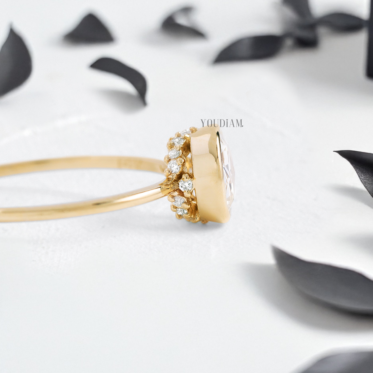 Rose Cut Round Lab Diamond with Hidden Halo in Bezel Setting Ring - YDJLR153
