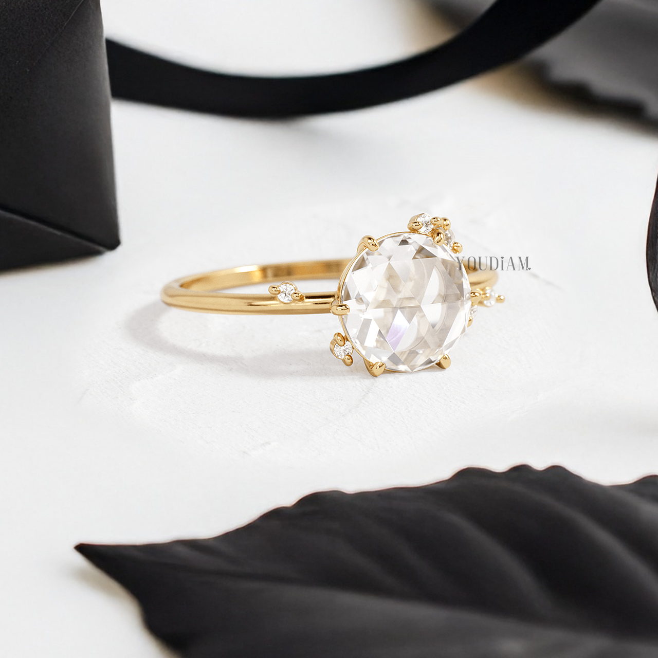Rose Cut Round Lab Diamond with Scattered Accent Diamonds Ring - YDJLR143