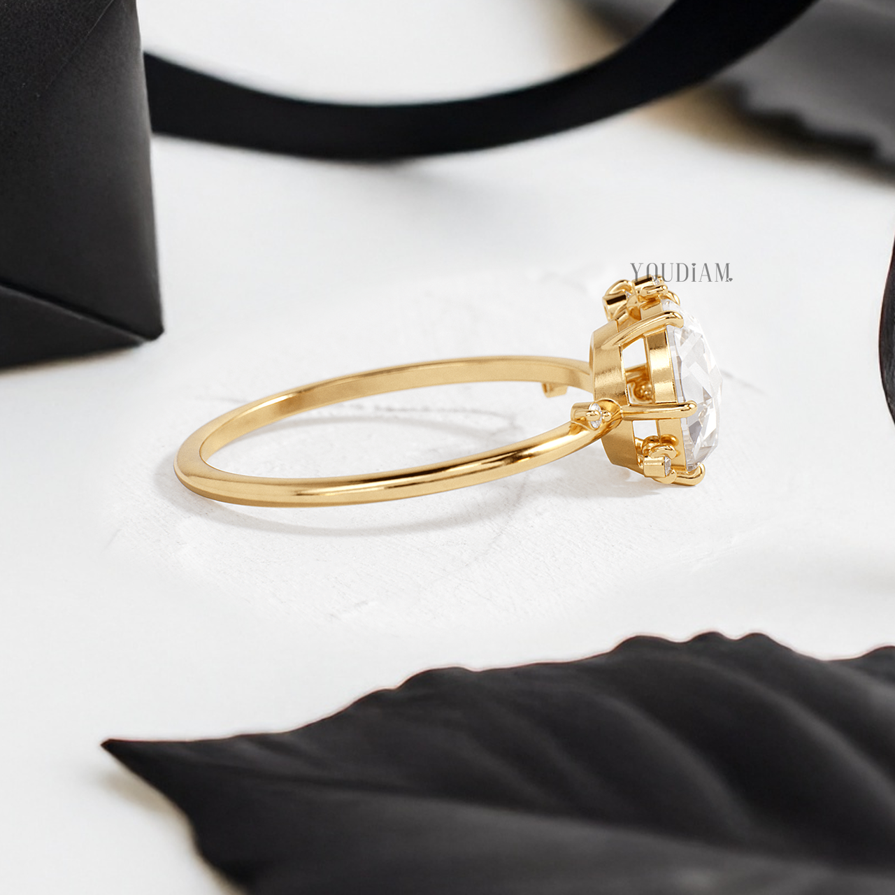 Rose Cut Round Lab Diamond with Scattered Accent Diamonds Ring - YDJLR143