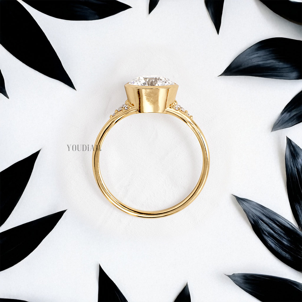 Round Lab Diamond in Bezel Setting with Accented Diamonds on Band Ring - YDJLR195