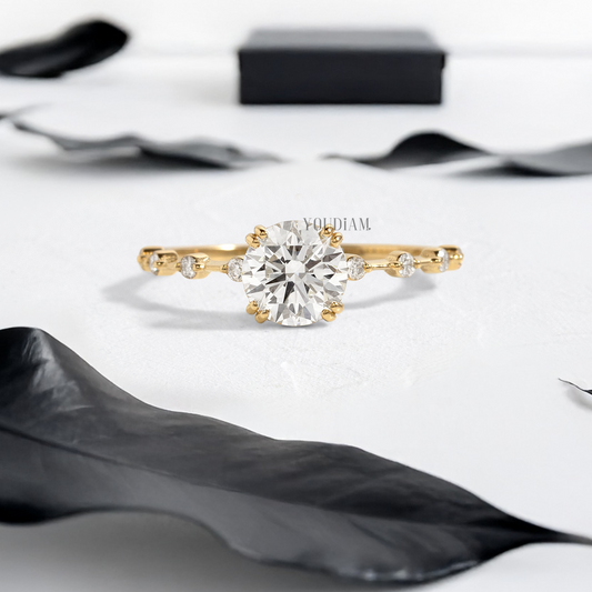 Round Lab Diamond in Double-Prongs and Distance Diamonds on Band Ring - YDJLR112