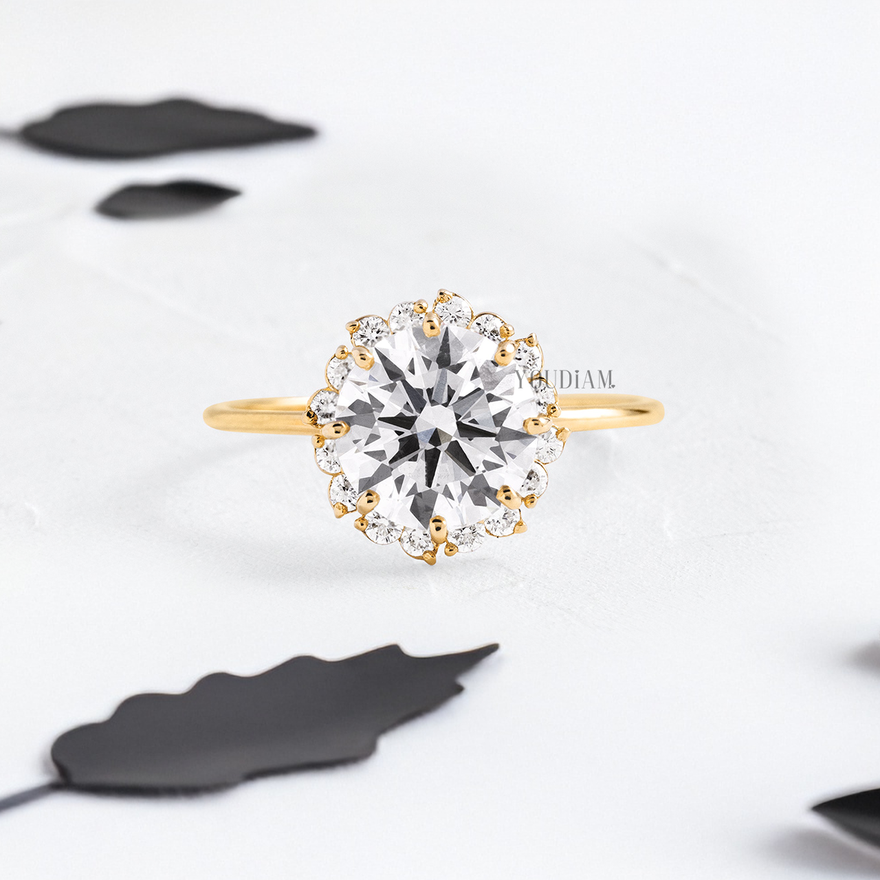 Round Lab Diamond in Eight Prongs with Accented Halo Diamonds Ring - YDJLR158