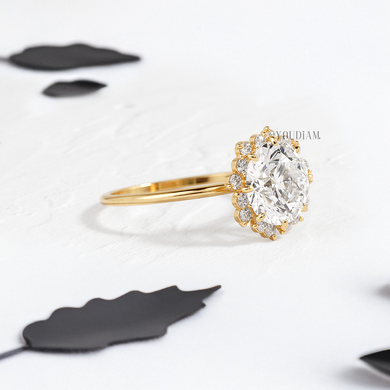Round Lab Diamond in Eight Prongs with Accented Halo Diamonds Ring - YDJLR158