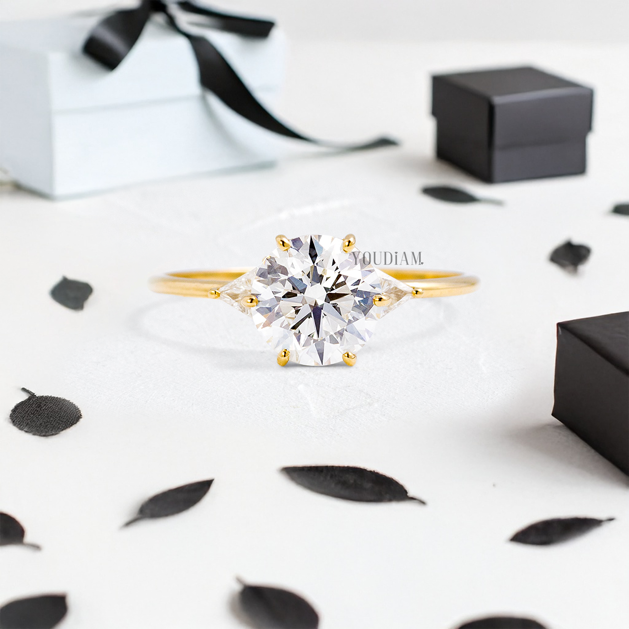 Round Lab Diamond in Six-Prongs and with Two Trillions Ring - YDJLR114