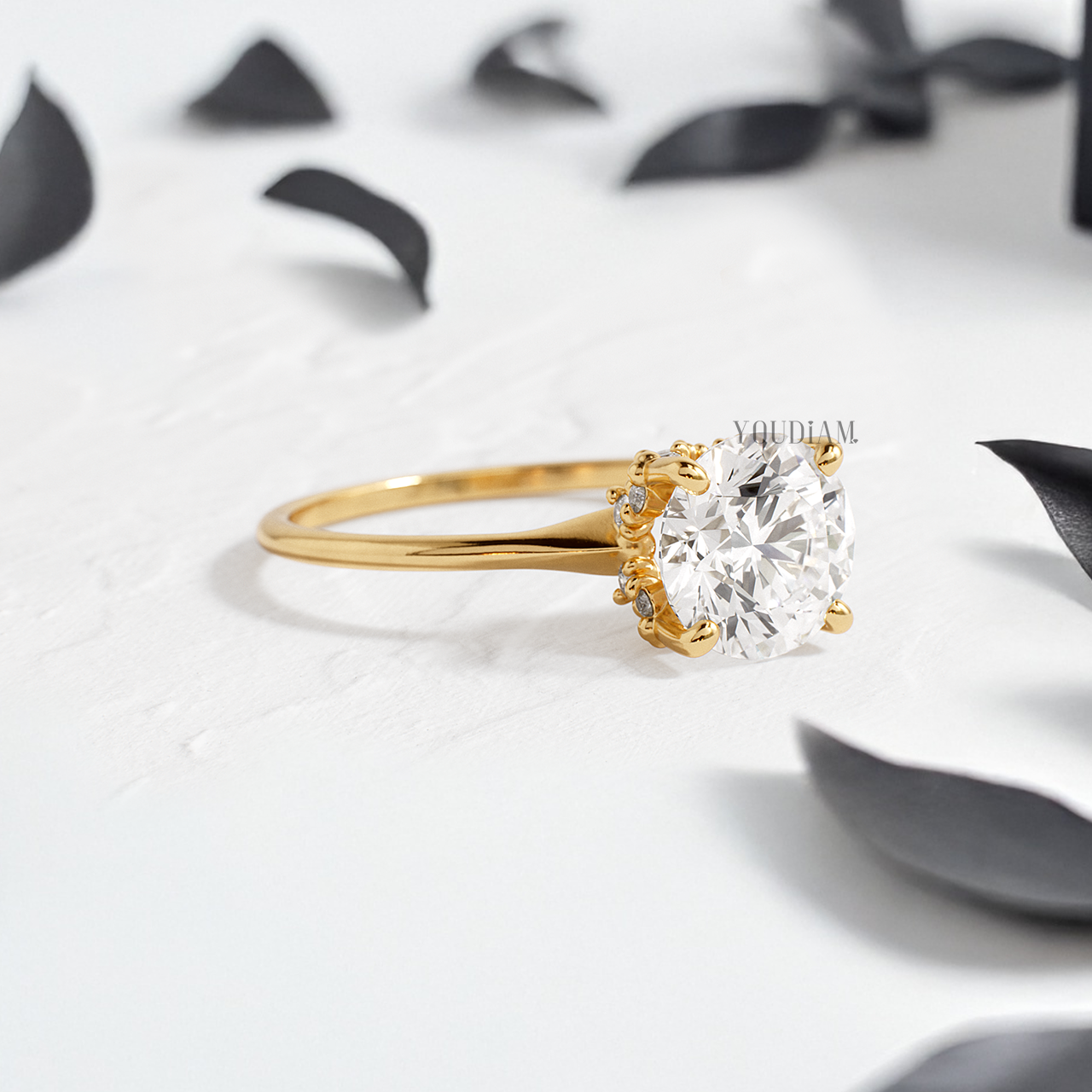 Round Lab Diamond in Tapered Band with Accented Diamonds Ring - YDJLR154