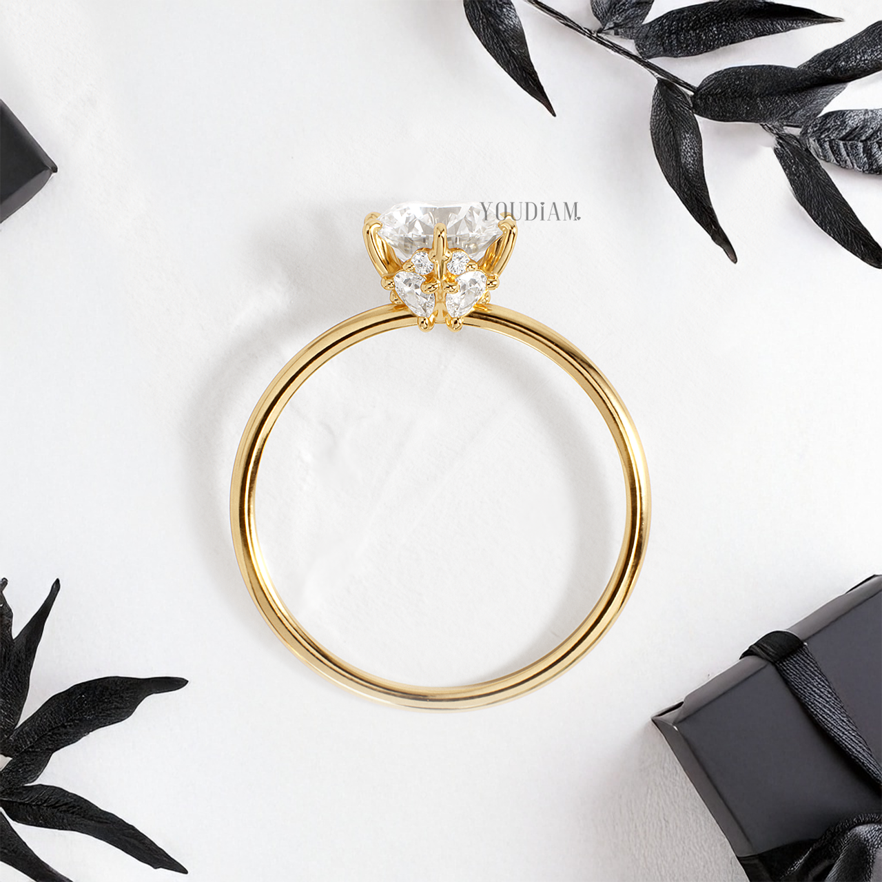 Round Lab Diamond with Six Prongs and Hidden Accented Diamonds Ring - YDJLR155