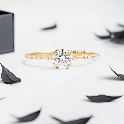 Round Lab Diamond with Trio-Prongs Ring and Distanced Diamonds on Band - YDJLR118