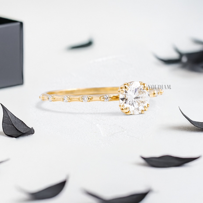 Round Lab Diamond with Trio-Prongs Ring and Distanced Diamonds on Band - YDJLR118