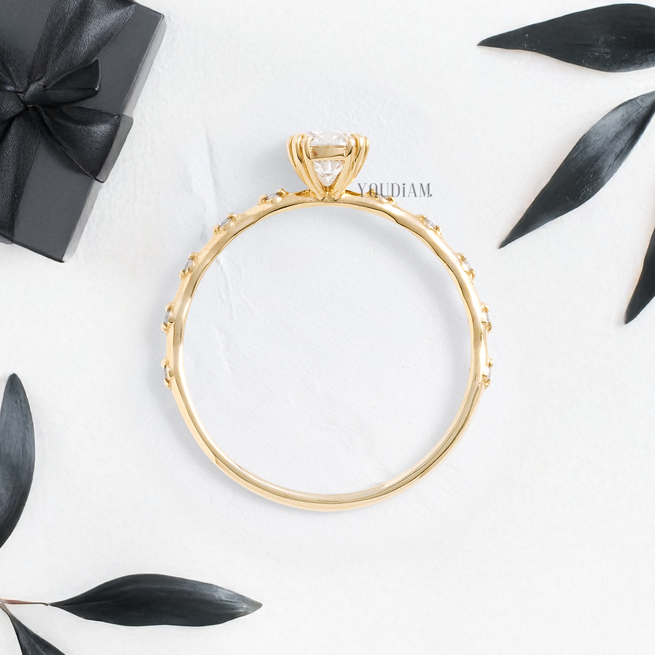 Round Lab Diamond with Trio-Prongs Ring and Distanced Diamonds on Band - YDJLR118