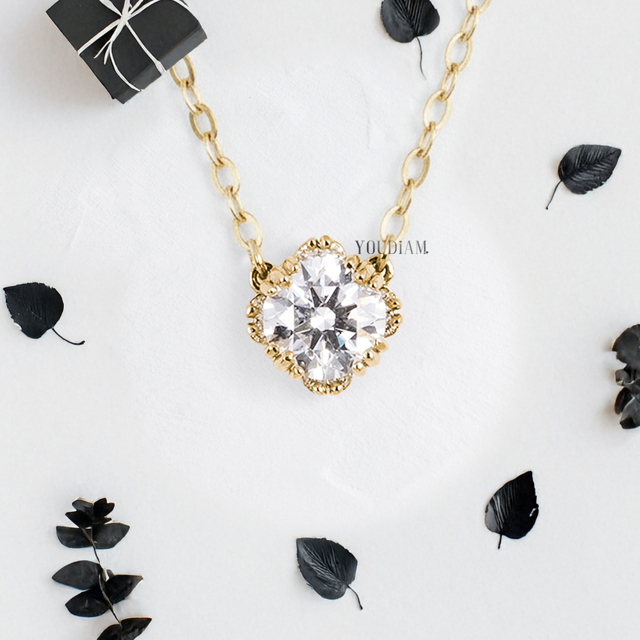 Round Lab Diamond Solitaire Pendant in Trio-Prongs and Accented Halo and Anchor Chain - YDJLP06