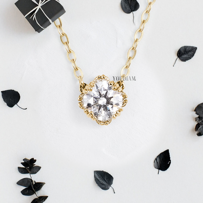 Round Lab Diamond Solitaire Pendant in Trio-Prongs and Accented Halo and Anchor Chain - YDJLP06