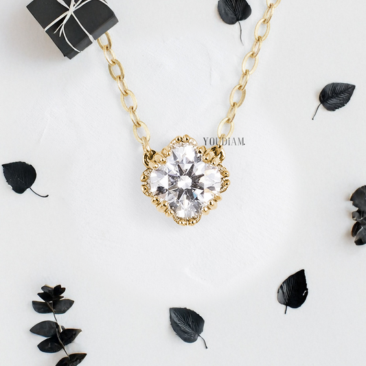 Round Lab Diamond Solitaire Pendant in Trio-Prongs and Accented Halo and Anchor Chain - YDJLP06