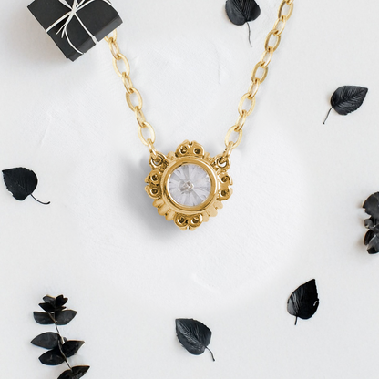 Round Lab Diamond Solitaire Pendant in Trio-Prongs and Accented Halo and Anchor Chain - YDJLP06