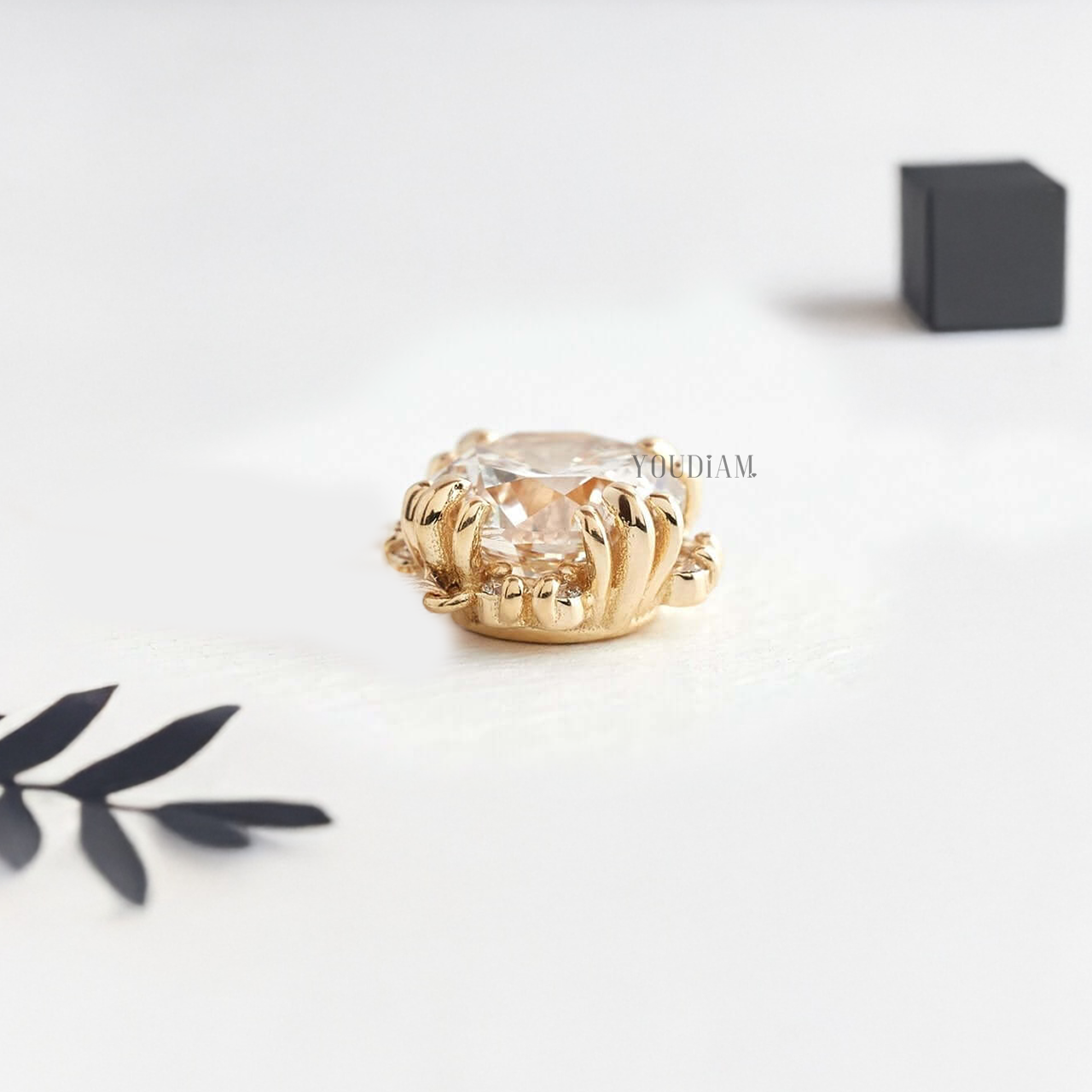 Round Lab Diamond Solitaire Pendant in Trio-Prongs and Accented Halo and Anchor Chain - YDJLP06