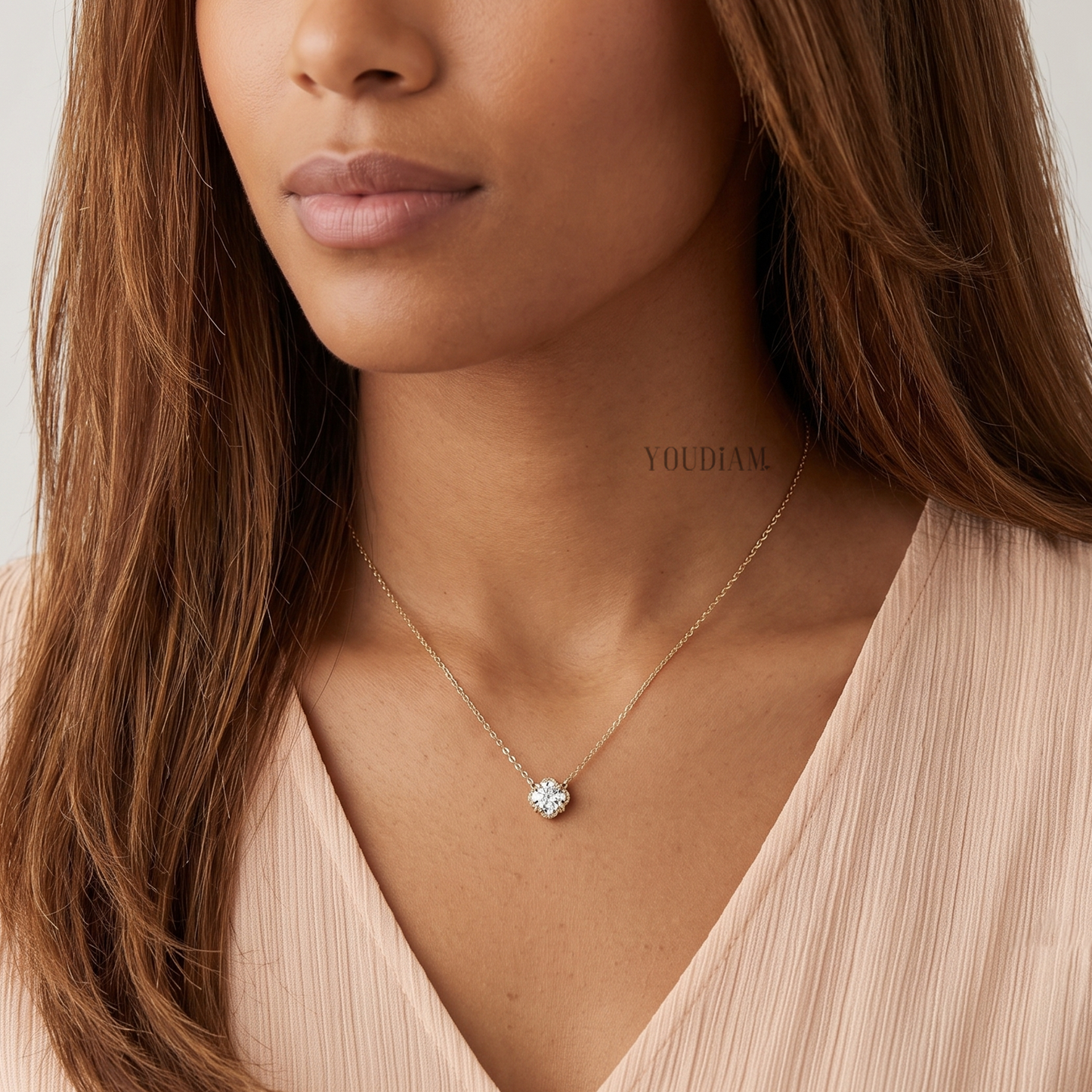Round Lab Diamond Solitaire Pendant in Trio-Prongs and Accented Halo and Anchor Chain - YDJLP06