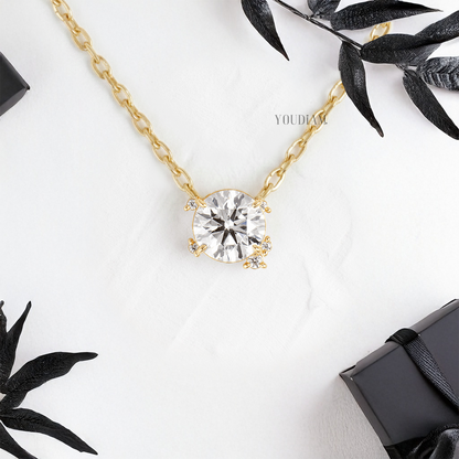 Round Lab Diamond Solitaire Pendant with Scattered Accent Diamonds and Anchor Chain - YDJLP01