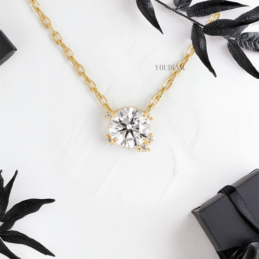 Round Lab Diamond Solitaire Pendant with Scattered Accent Diamonds and Anchor Chain - YDJLP01