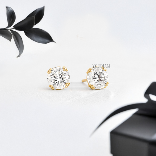 Round Lab Diamond Studs with Trio-Prongs - YDJLE02