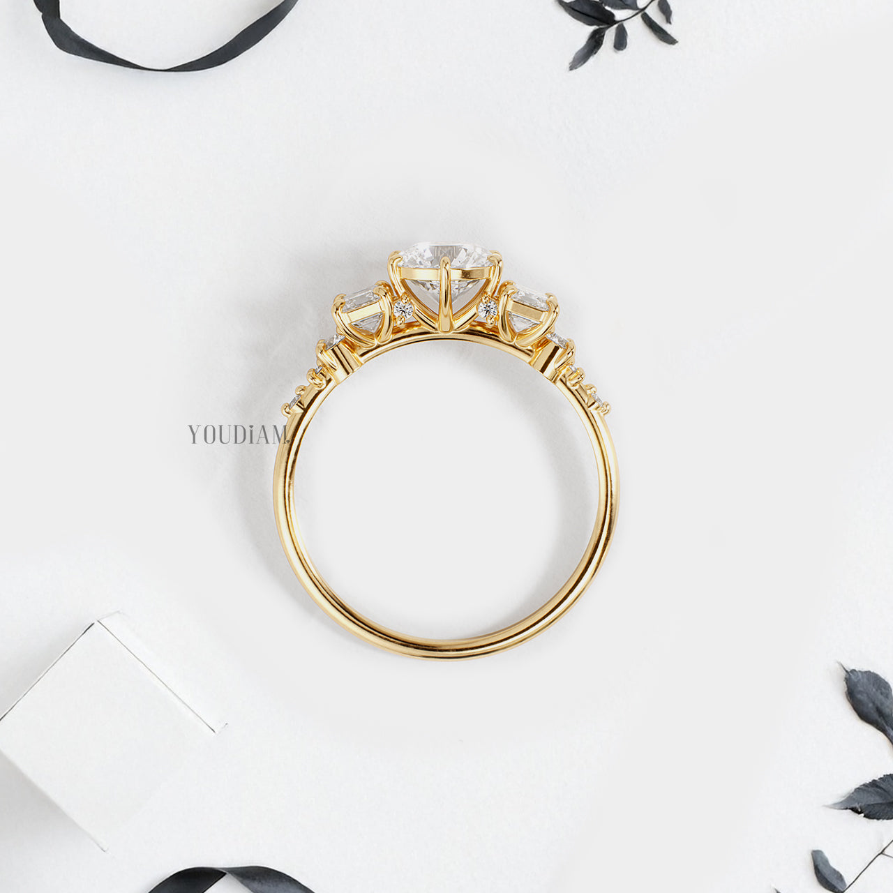 Round Lab Diamond in Six Prongs with Emeralds in Both Sides Ring - YDJLR165
