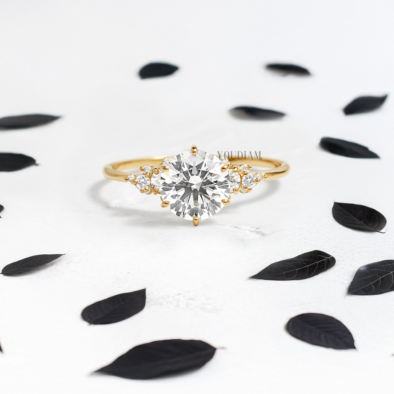 Round Lab Diamond with Side Diamonds Ring - YDJLR102