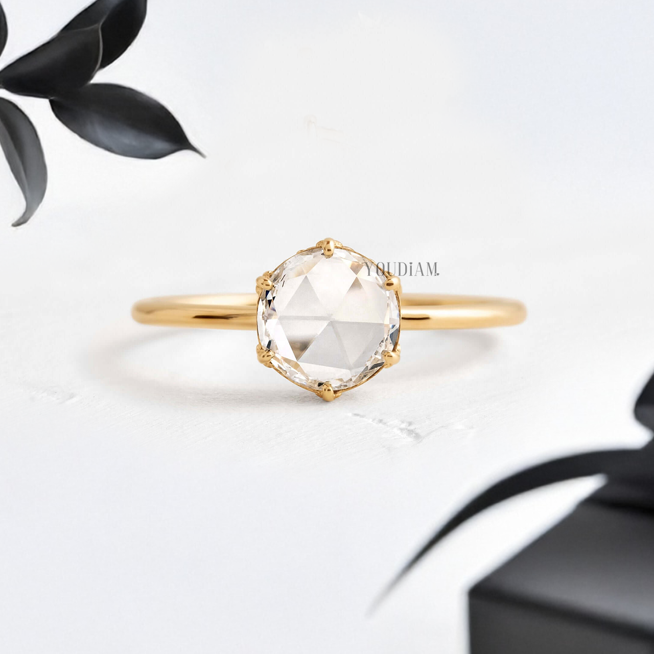 Round Rose Cut Lab Diamond with Hidden Halo Solitaire Ring - YDJLR125