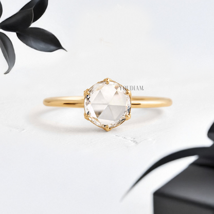 Round Rose Cut Lab Diamond with Hidden Halo Solitaire Ring - YDJLR125