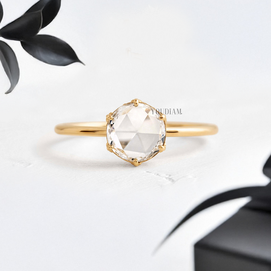 Round Rose Cut Lab Diamond with Hidden Halo Solitaire Ring - YDJLR125