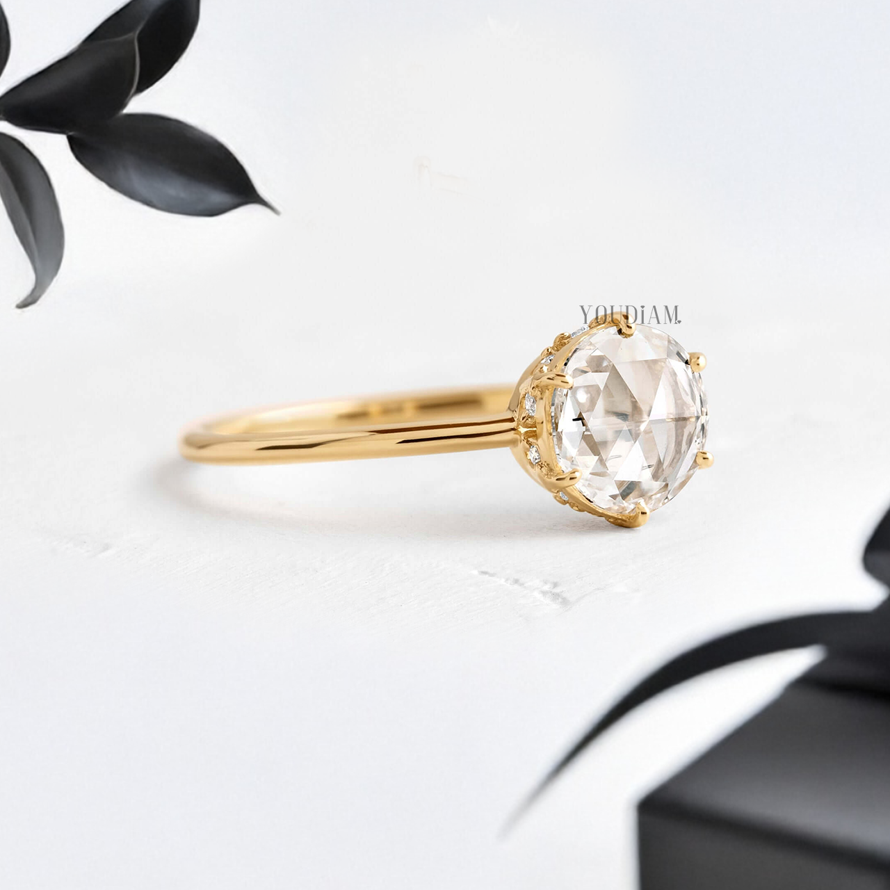Round Rose Cut Lab Diamond with Hidden Halo Solitaire Ring - YDJLR125