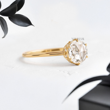 Round Rose Cut Lab Diamond with Hidden Halo Solitaire Ring - YDJLR125