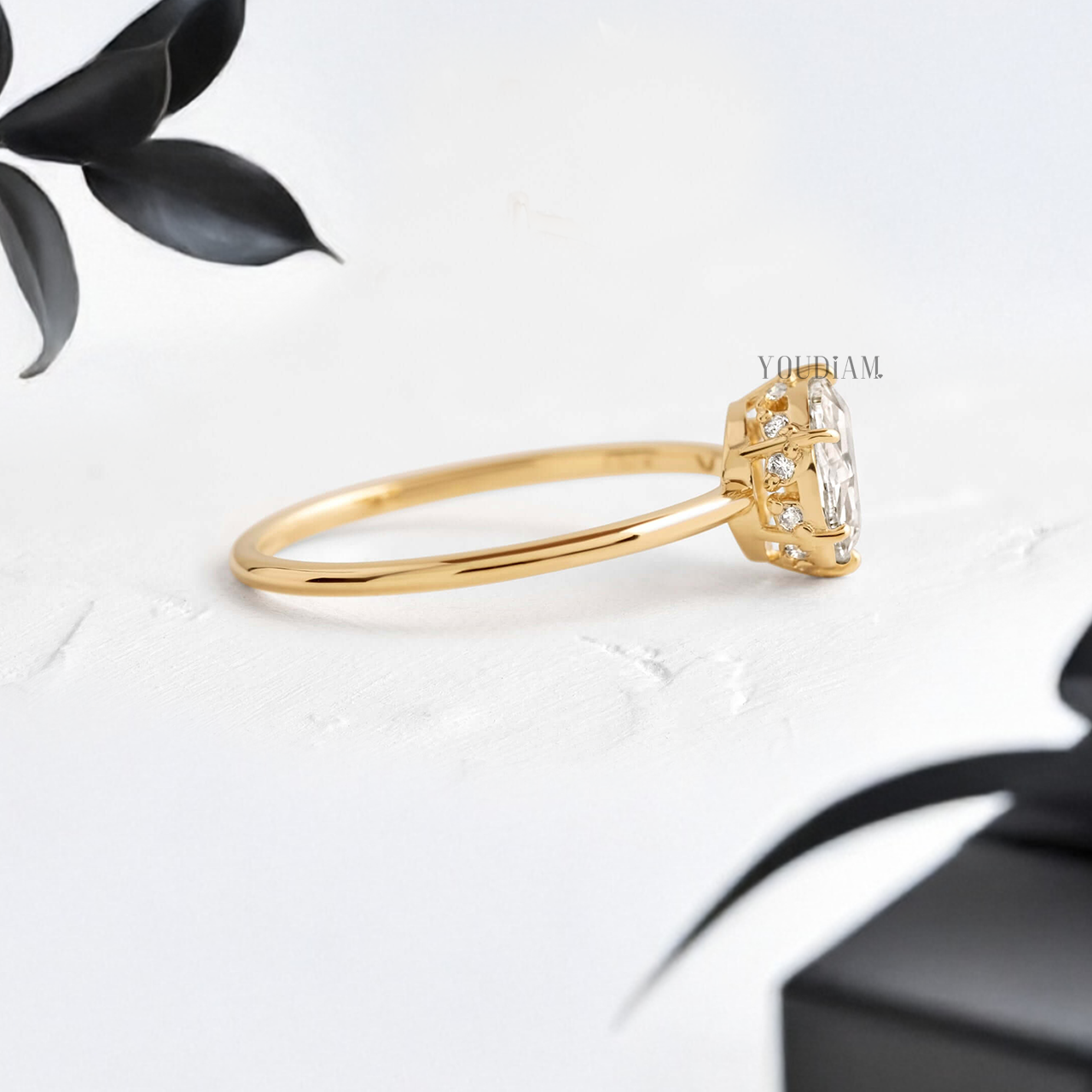 Round Rose Cut Lab Diamond with Hidden Halo Solitaire Ring - YDJLR125