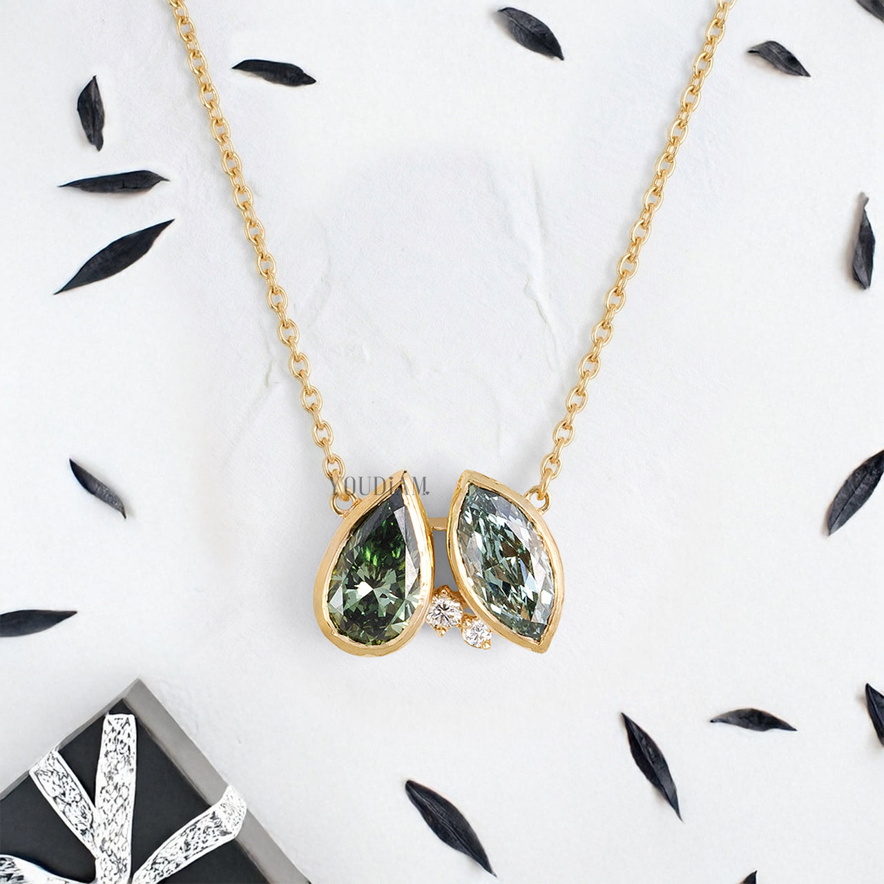 Toi Et Moi Pendant with Green Marquise and Pear Cut Lab Diamonds in Bezel Setting and Anchor Chain - YDJLP48