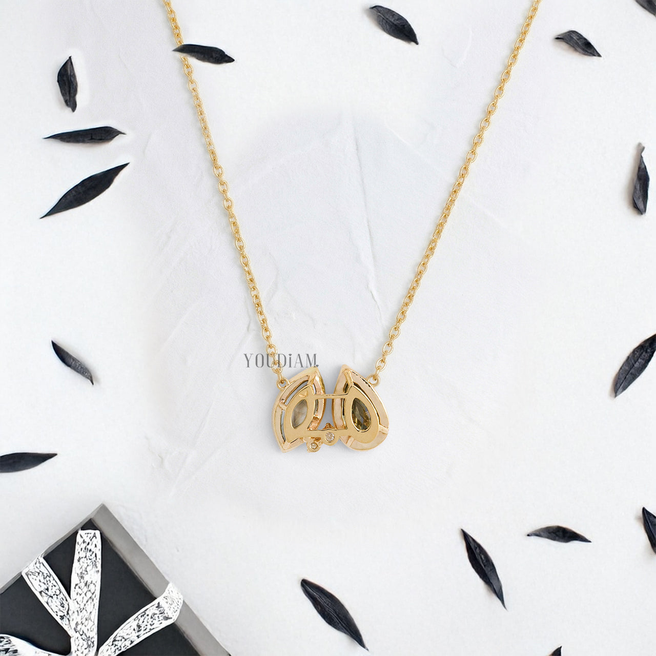 Toi Et Moi Pendant with Green Marquise and Pear Cut Lab Diamonds in Bezel Setting and Anchor Chain - YDJLP48