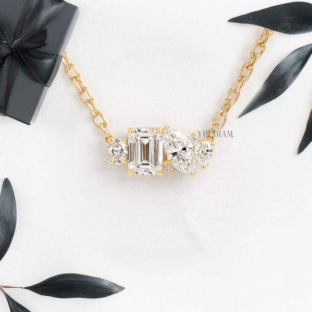 Toi Et Moi Pendant with Marquise and Emerald Lab Diamonds and Side Diamonds and Anchor Chain - YDJLP05