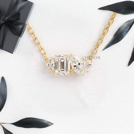 Toi Et Moi Pendant with Marquise and Emerald Lab Diamonds and Side Diamonds and Anchor Chain - YDJLP05