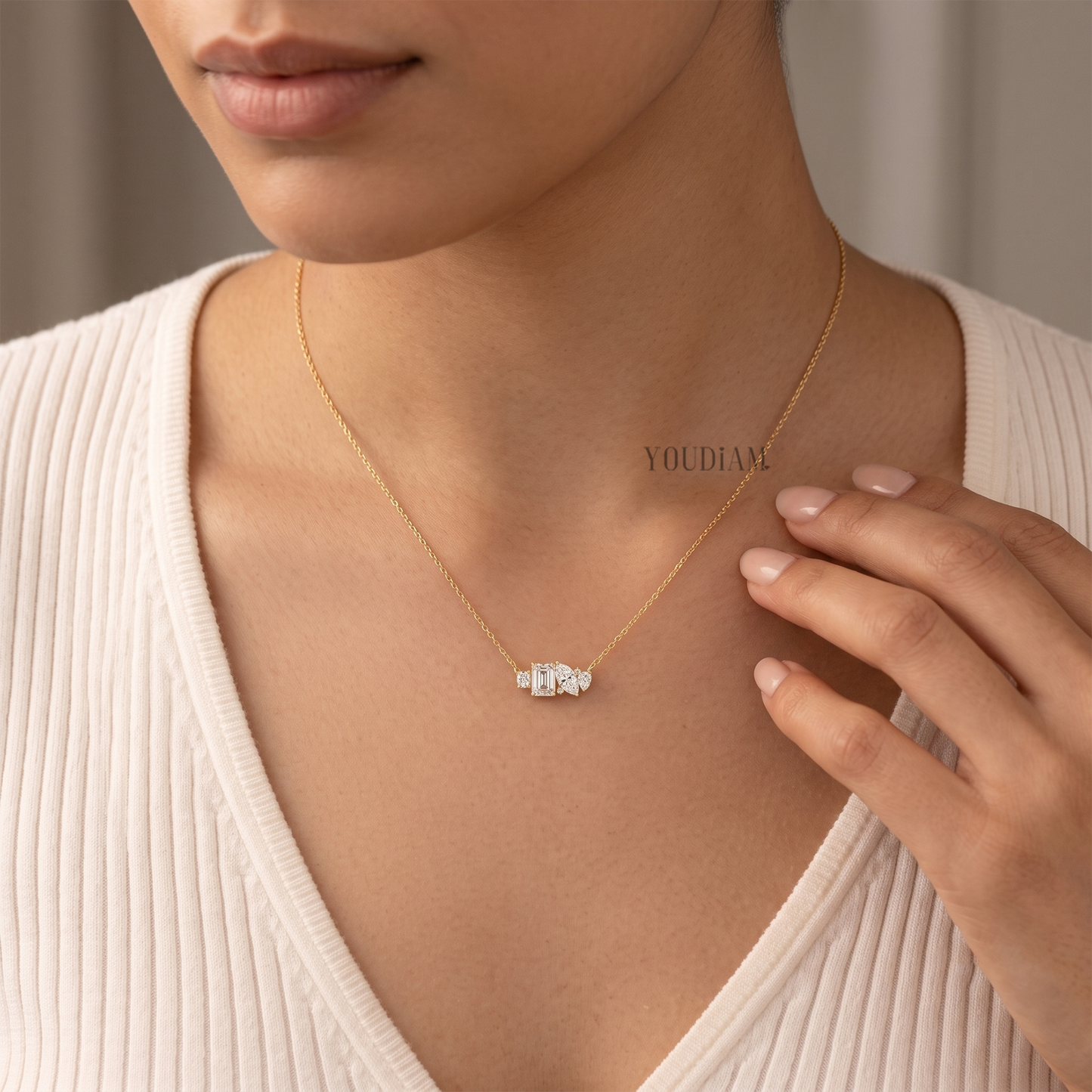 Toi Et Moi Pendant with Marquise and Emerald Lab Diamonds and Side Diamonds and Anchor Chain - YDJLP05
