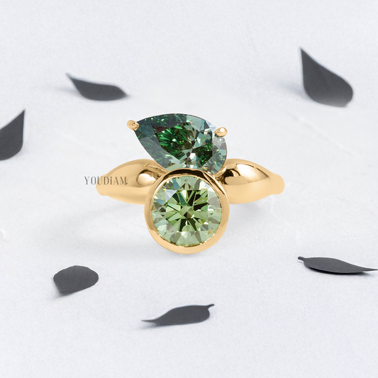 Toi Et Moi Ring with Green Pear and Round Lab Diamonds - YDJLR177