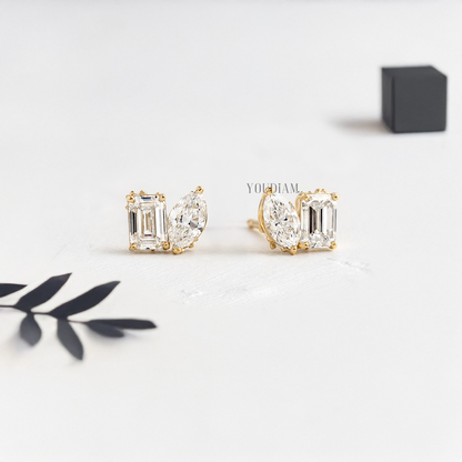 Toi Et Moi Stud Earrings with Marquise and Emerald Lab Diamonds - YDJLE01