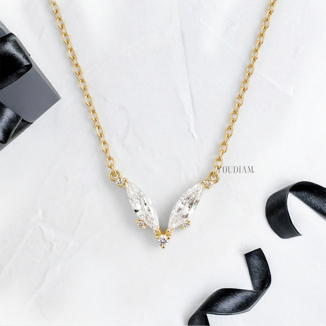 Two Elongated Marquise Lab Diamonds Pendant with Accented Diamonds and Anchor Chain - YDJLP30
