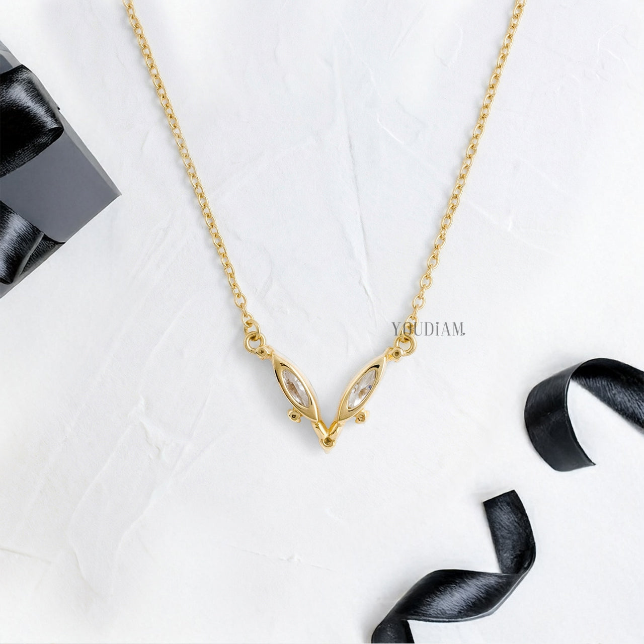 Two Elongated Marquise Lab Diamonds Pendant with Accented Diamonds and Anchor Chain - YDJLP30