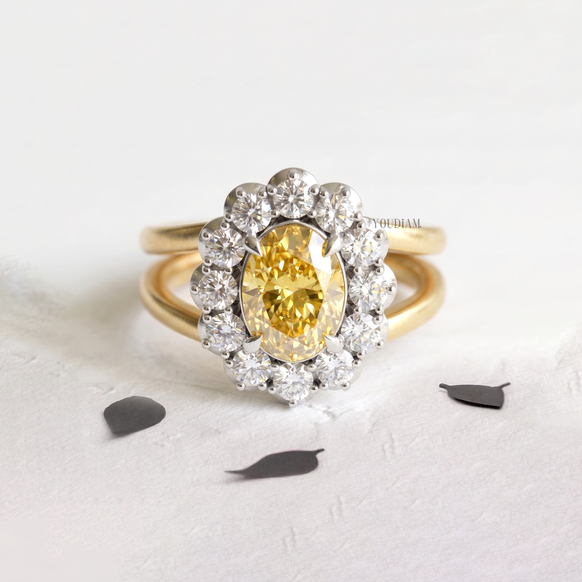 Yellow Oval Lab Diamond with Halo Diamonds on Two Bands Ring - YDCJR04