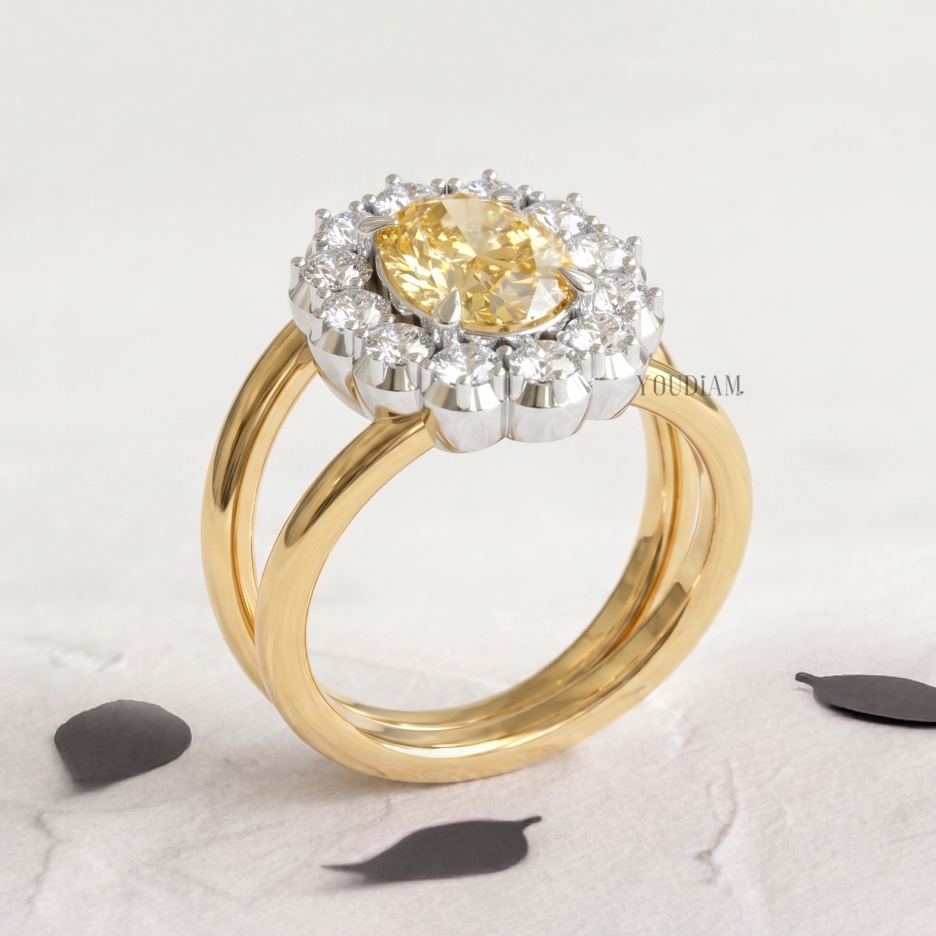 Yellow Oval Lab Diamond with Halo Diamonds on Two Bands Ring - YDCJR04