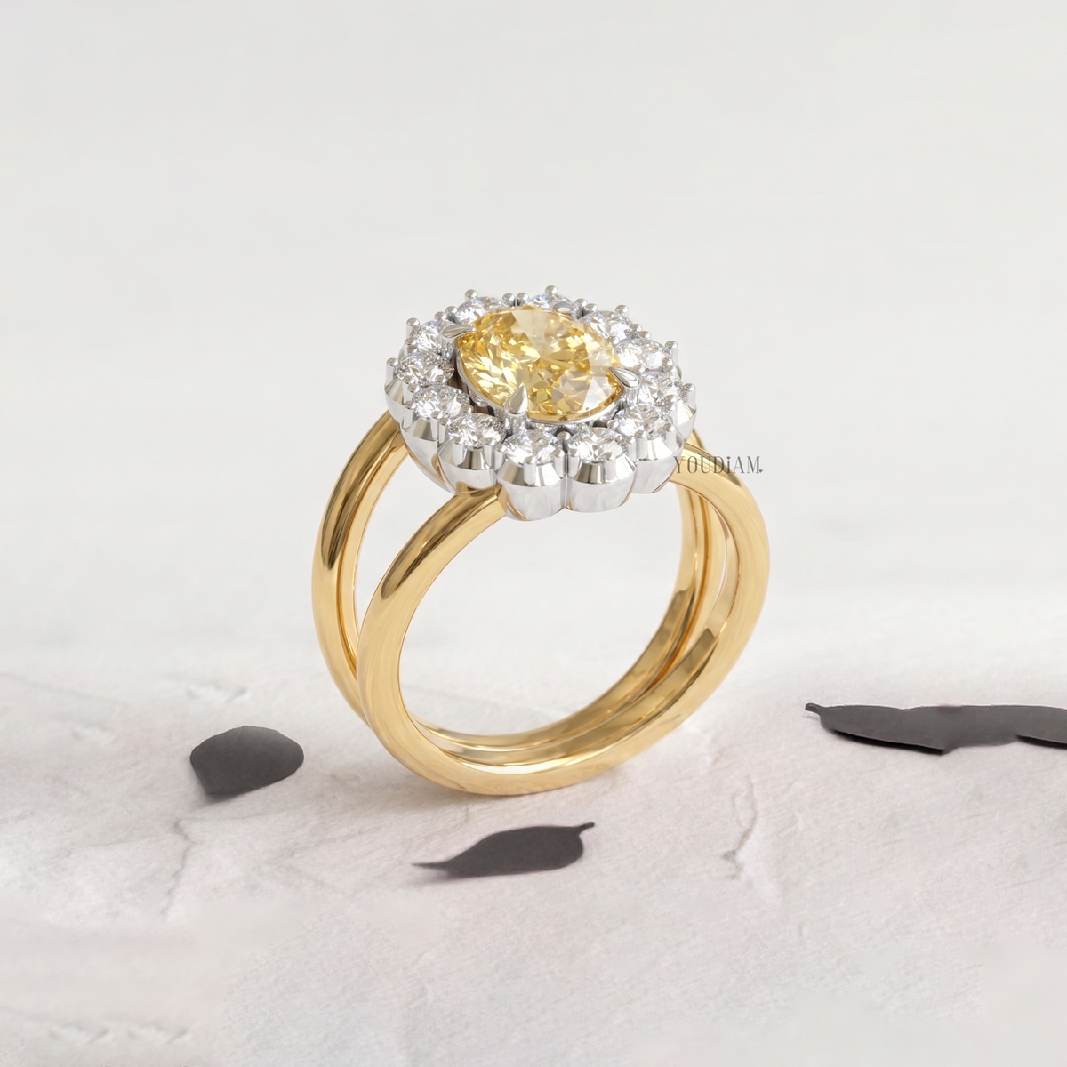 Yellow Oval Lab Diamond with Halo Diamonds on Two Bands Ring - YDCJR04