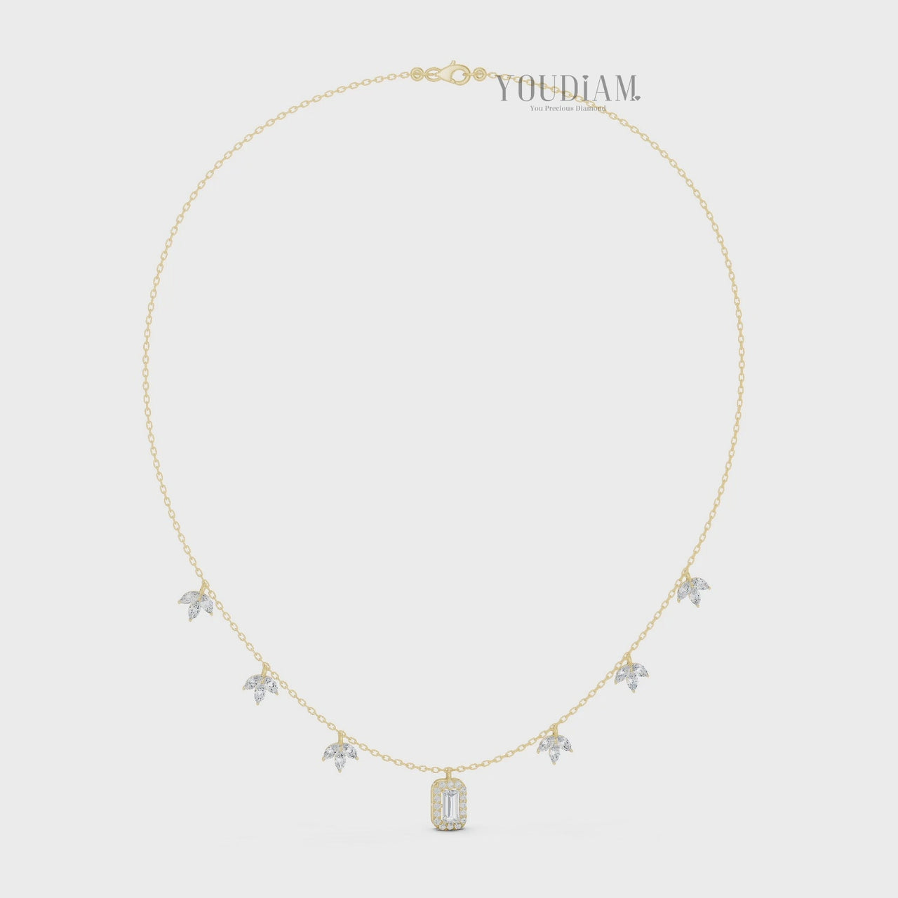 Emerald-Cut Halo and Marquise Cluster Dangle Necklace in Solid Gold - YDJLN07