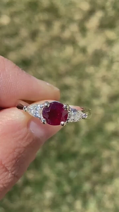 Vintage Style Natural Ruby and Lab Diamond Trilogy Ring in 14kt Gold