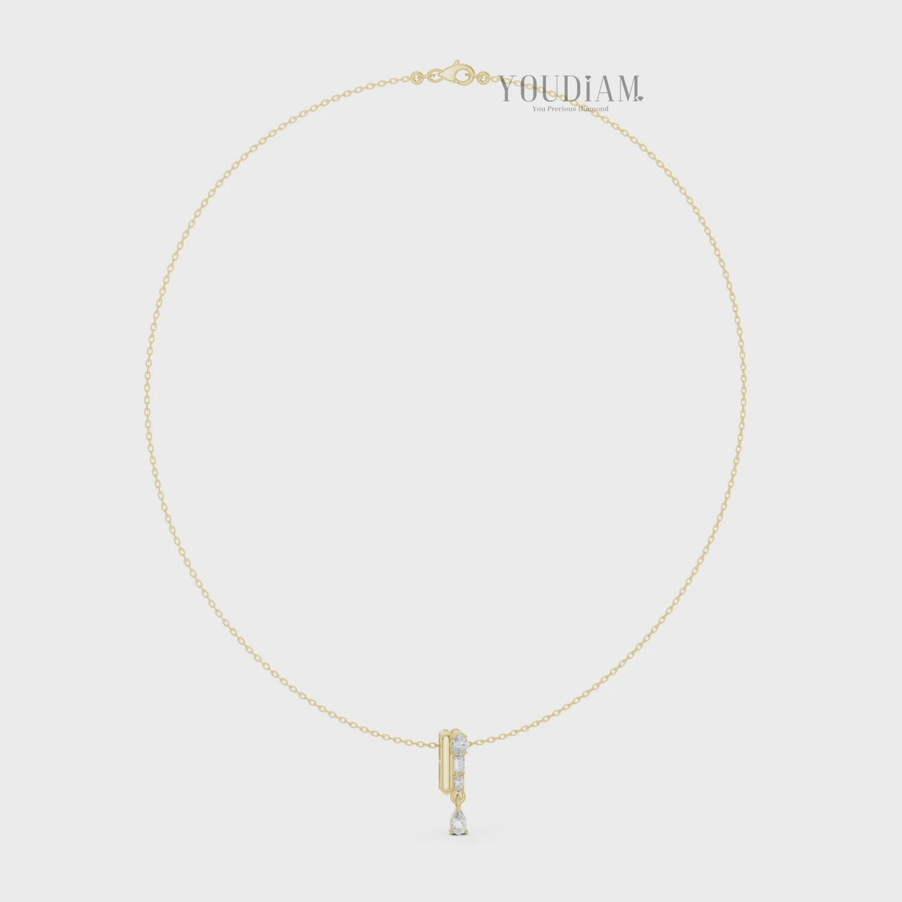 Mixed-Cut Diamond Vertical Bar Pendant with Pear Drop and Anchor Chain in Solid Gold - YDJLN06