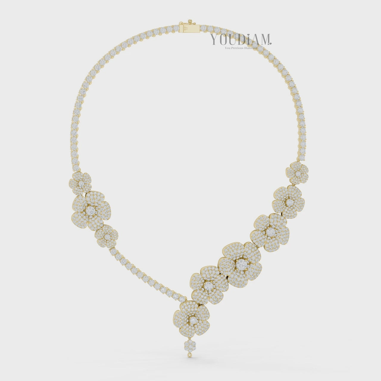 Lab Diamond Flower Statement Necklace with Half-Tennis Chain - YDJLN03